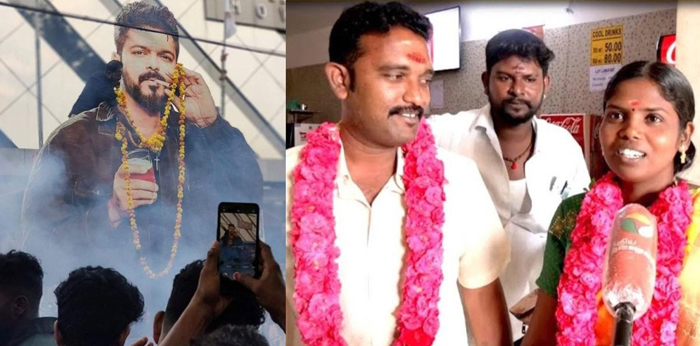  ലിയോ കാണാന്‍ തിയേറ്ററിലെത്തി; വിവാഹതലേന്ന് മാലയിട്ട് വധൂവരന്മാര്‍; വൈറലായി വീഡിയോ