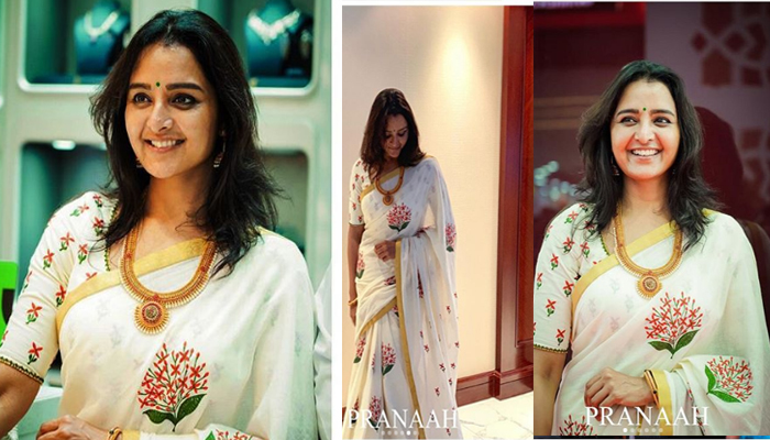പൂര്‍ണിമയുടെ ചെത്തി മഞ്ചാടി കളക്ഷനിലെ തിരുവോണം സാരിയില്‍ റാണിയായി മഞ്ജു..! ഒപ്പം കല്യാണ്‍ ആഭരണങ്ങളും