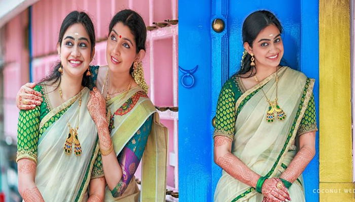  പച്ചക്കരയുളള കസവിന്റെ ഹാഫ്സാരിയും  പച്ചബ്രോക്കേഡ് ബ്ലൗസും; കാതില്‍ കുഞ്ഞ് ജിമുക്ക കഴുത്തില്‍  നീളമുളള മാലയിലെ മയിലുകളുടെ വലിയ ലോക്കറ്റ്; വിദ്യ ഉണ്ണിയുടെ വിവാഹത്തിനു മുന്‍പായി താരസഹോദരിമാരുടെ ഫോട്ടോഷൂട്ട് ചിത്രങ്ങള്‍..!