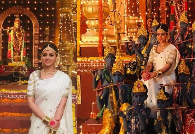 ഉണ്ണികണ്ണന്‍മാര്‍ക്കിടയില്‍ രാധയായി ഭാവന; വെള്ളയില്‍ സ്വര്‍ണമുത്തുകള്‍ നെയ്ത ദാവണിയില്‍ സുന്ദരിയായി താരം