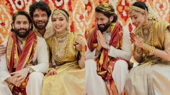 സ്വര്‍ണനിറത്തിലുളള സാരിയില്‍ അണിഞ്ഞൊരുങ്ങി ശോഭിത; ഹൈദരാബാദിലെ അന്നപൂര്‍ണ സ്റ്റുഡിയോയില്‍ ഒരുക്കിയ വിവാഹ വേദിയില്‍ വിവാഹിതരായി നാഗചൈതന്യയും ശോഭിതയും;  ഞങ്ങളുടെ ജീവിതത്തില്‍  നീ  സന്തോഷം കൊണ്ടുവന്നുവെന്ന കുറിപ്പുമായി  നാഗാര്‍ജുന