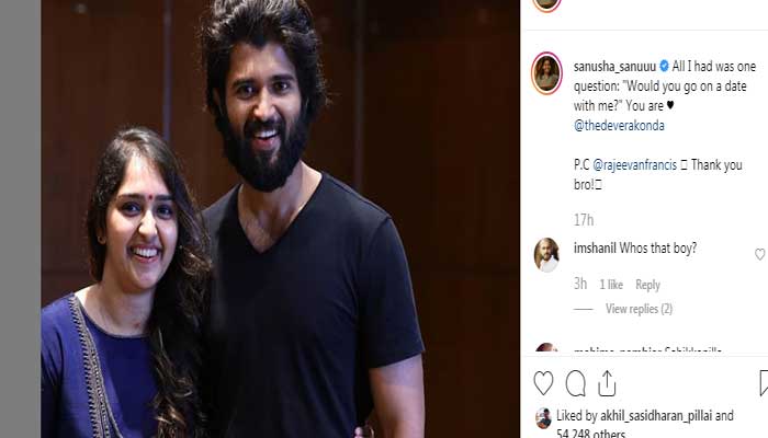 എന്നോടൊപ്പം ഡേറ്റിങിന് താല്‍പര്യമുണ്ടോ? വിജയ്‌ദേവര്‍കൊണ്ടയ്‌ക്കൊപ്പമുള്ള ചിത്രത്തിന് സനുഷ നല്‍കിയ അടിക്കുറിപ്പ് കണ്ട് അമ്പരന്ന് മലയാളികള്‍; താരത്തിന്റെ ആഗ്രഹം അതിരുകടന്നെന്ന ആരോപണവുമായി ഒരുവിഭാഗം; സനുഷയുടെ ഇന്‍സ്റ്റഗ്രാം പോസ്റ്റില്‍ കടിച്ചുതൂങ്ങി ചൂടന്‍ചര്‍ച്ചകള്‍!